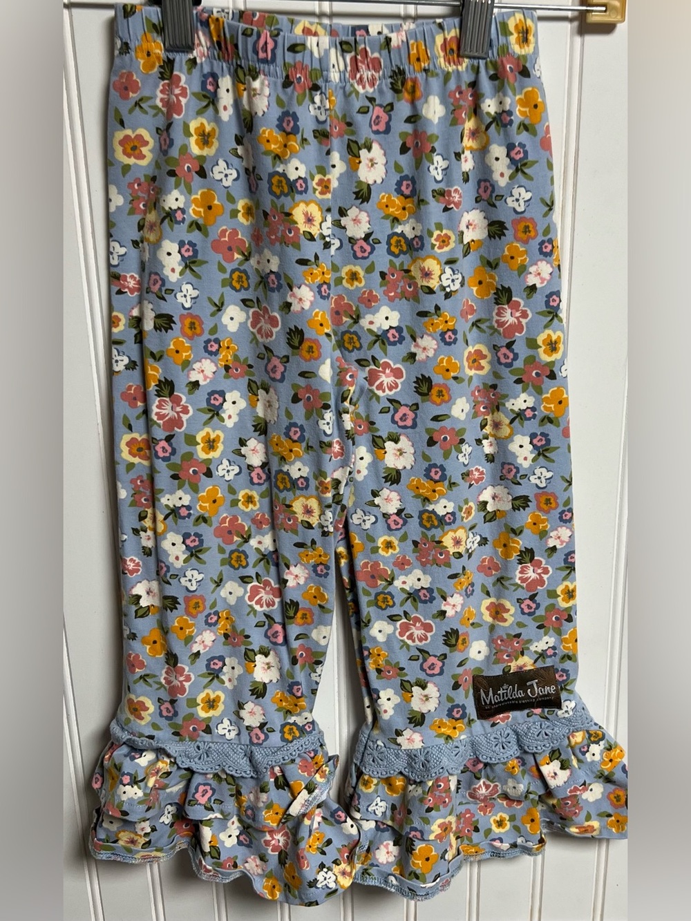 Matilda Jane Blue Yellow Floral Print Ruffle Bottom Leggings Cropped Pants Sz 6
